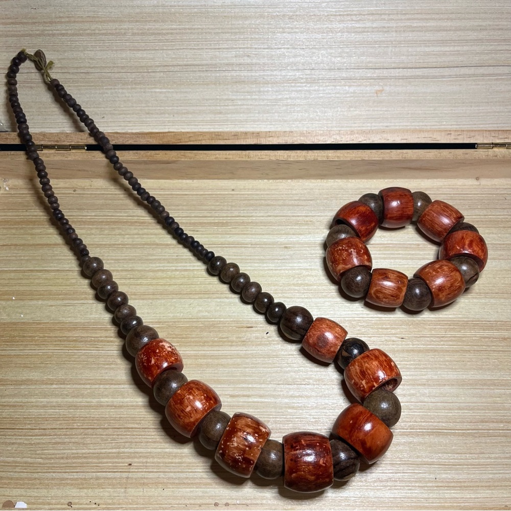 Wood & Seed Beaded Necklace and Bracelet Set